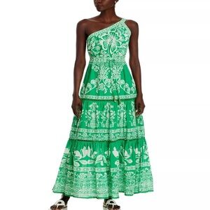 Farm Rio Green Tropical Pineapple One-Shoulder Tiered Volunimous Maxi Dress Sz L
